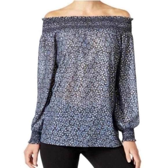 Michael Kors Women’s Blue Gold Off Shoulder Smocked Stretch Semi Sheer Sz L - Picture 1 of 12